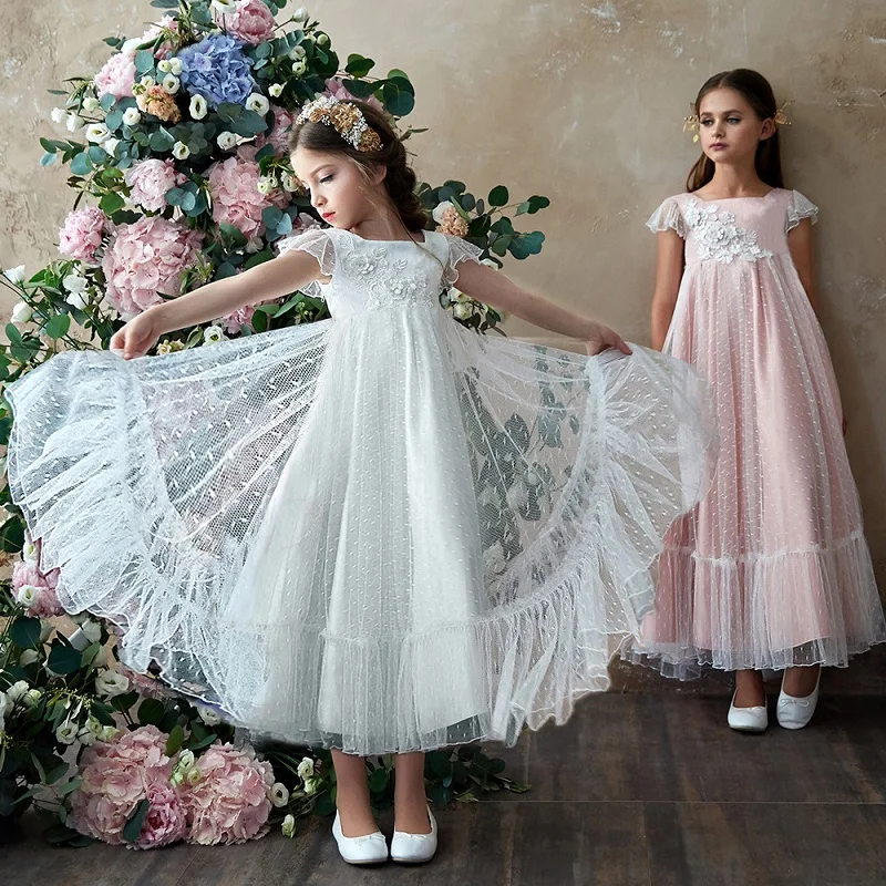 Baby Girl Princess Lace Floral Tutu Dress Long Toddler Girl Vintage Tulle Vestido Party Pageant Wedding Baby Clothes 2-11Y