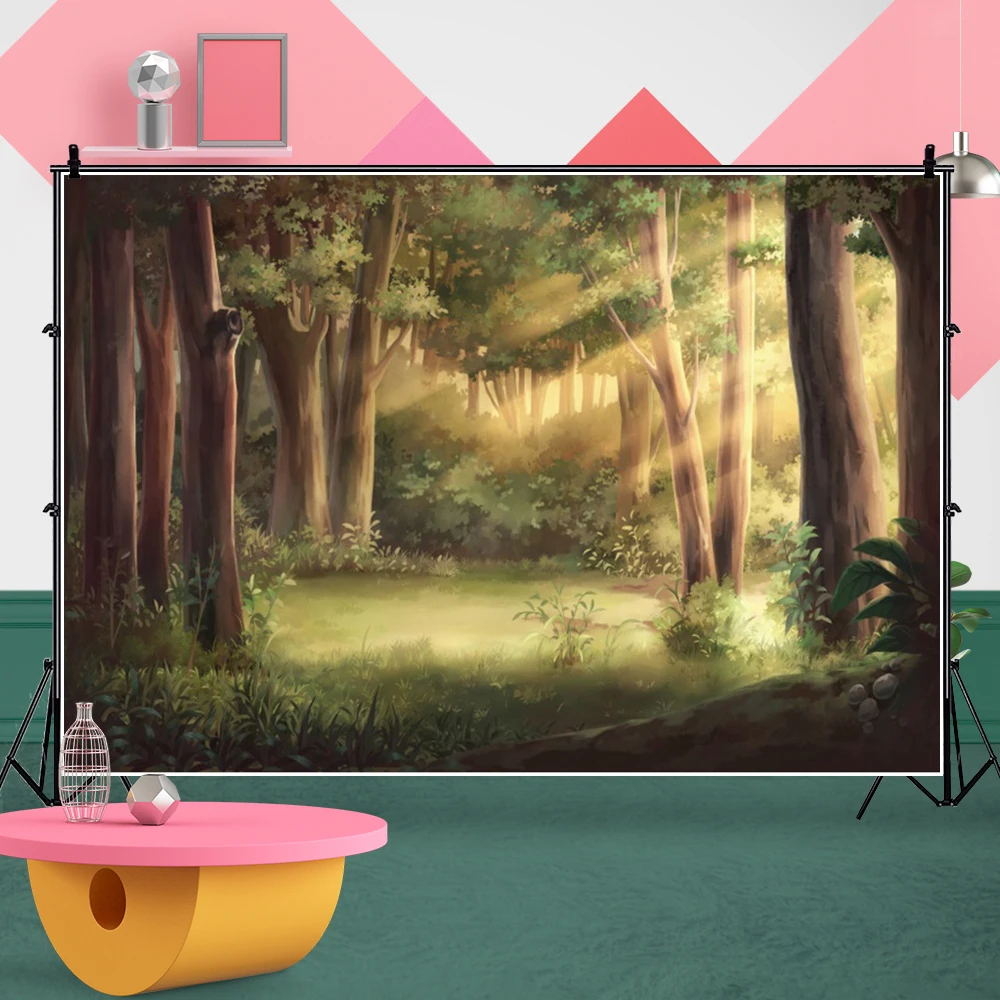 Laeacco-fondo fotográfico de cuento de hadas, telón de fondo con diseño de bosque verde, paisaje de luz solar, retrato de cumpleaños de bebé, decoración de habitación