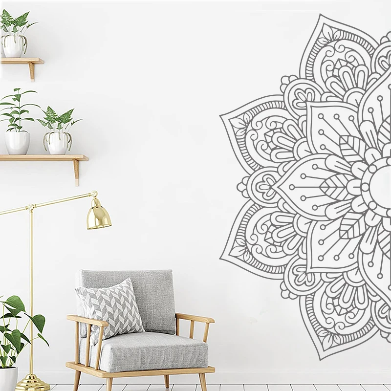 Half Mandala Headboard Wall Decal Lotus Flower Mandala Zen Decor Decals Vinyl Bedroom Yoga Sticker Bohemian Style E707