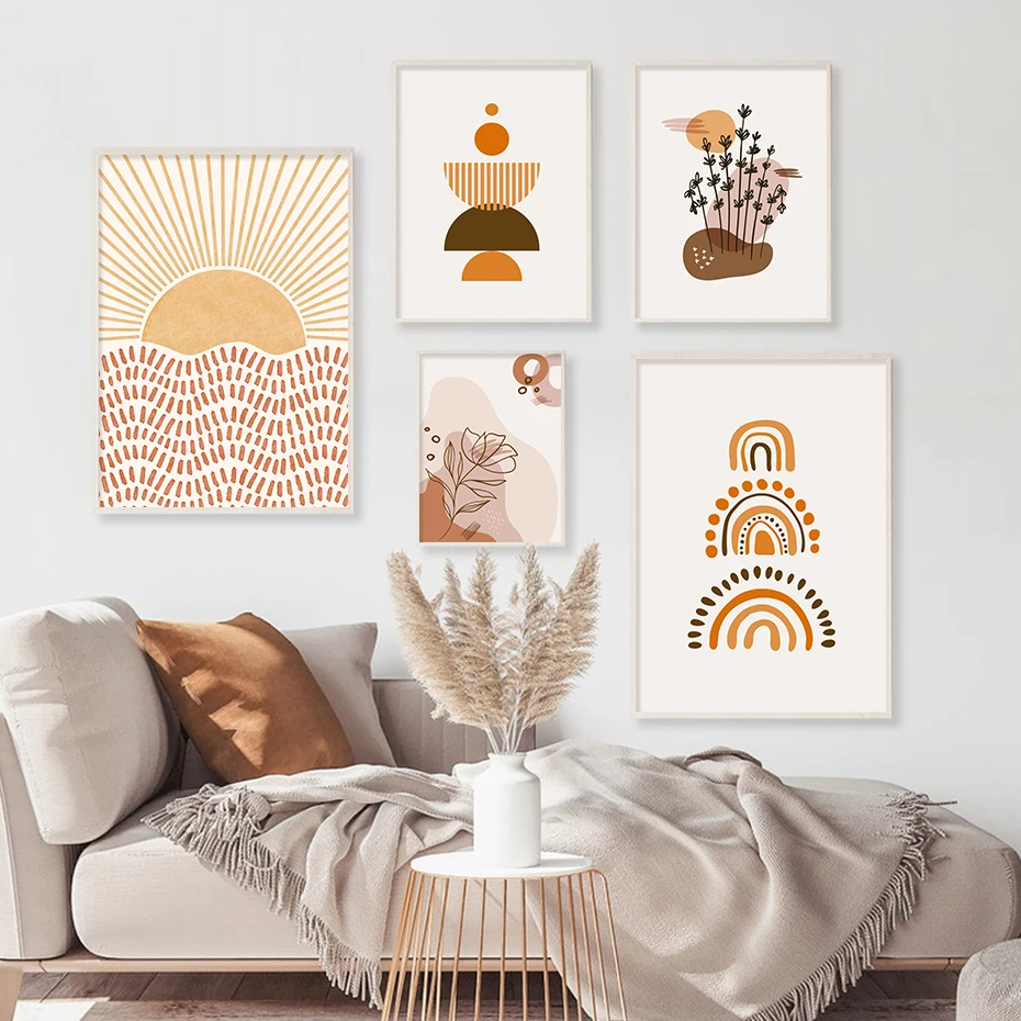 Bohemia Beige Sun Rising Abstract Rainbow Poster Canvas Painting Wall Art Prints Pictures Living Room Interior Modern Home Decor