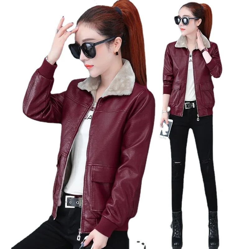 

Autumn Winter Women's Leather Jacket 2023 New Korean Version PU Leather Coat Fashion Slim Add Velvet Motorcycle Outerwear