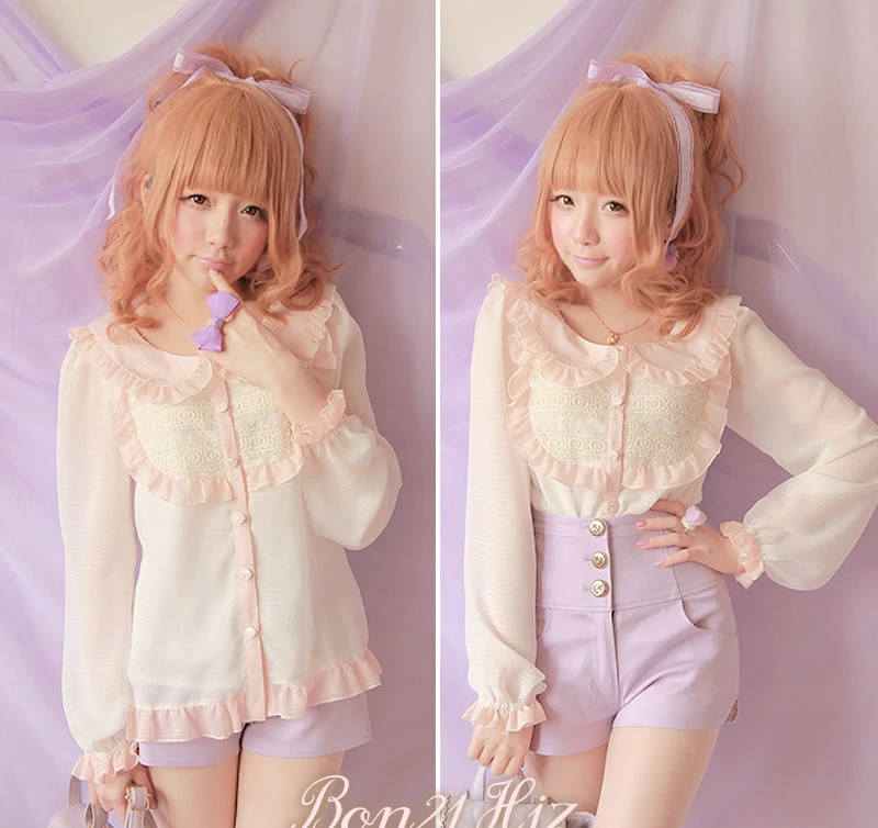 

Princess sweet lolita blouse Bobon21 peter pan collar waffle baimuer laciness lace chiffon shirt t0977