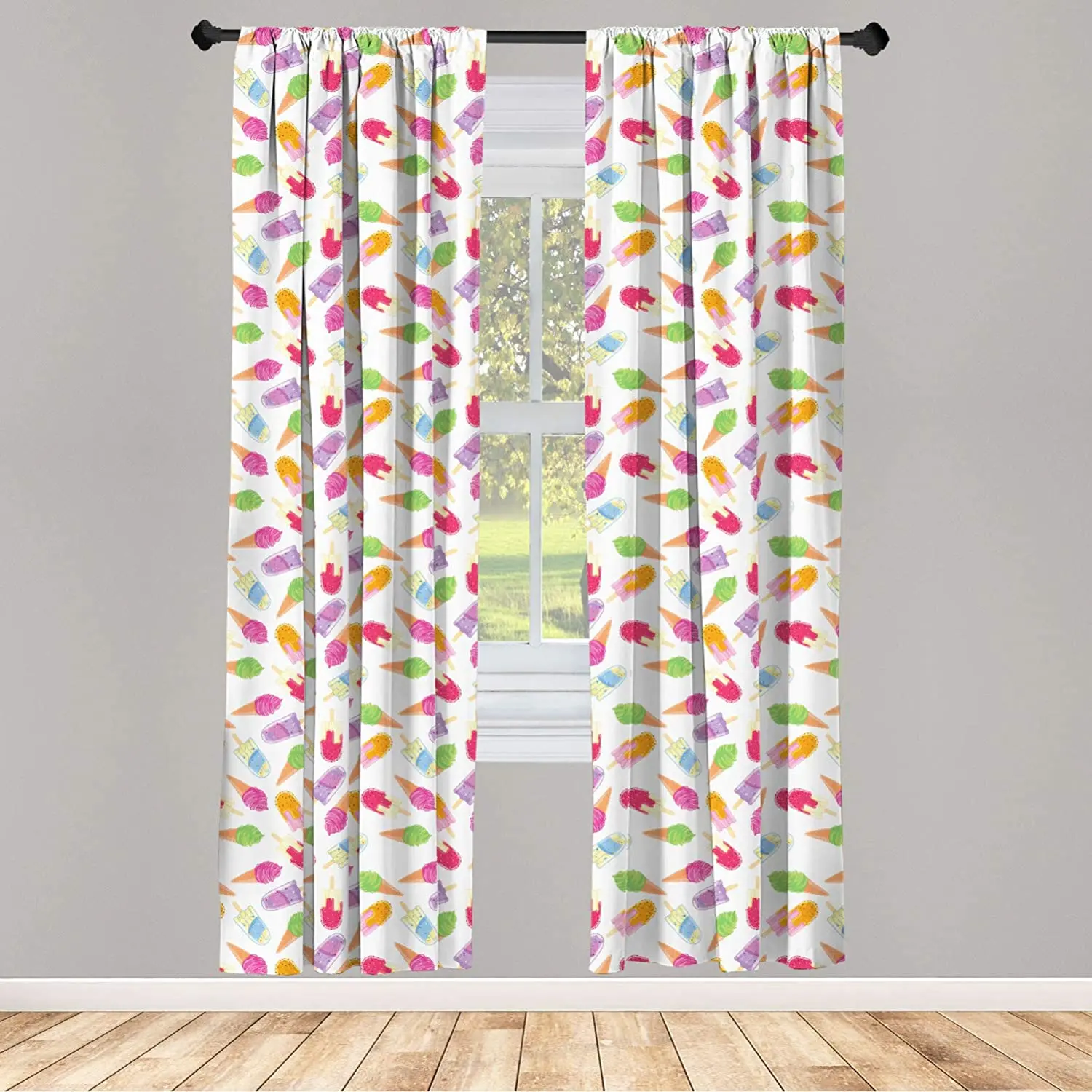 Ice Cream Curtain for Kids Room Cartoon Style Cones with Vibrant Colored Creamy Scoops and Popsicles Tooth   Window Drapes