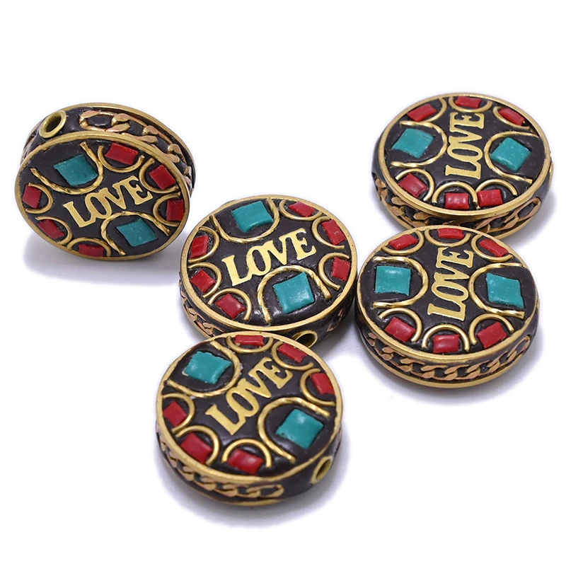 TZ-H Handmade Nepalese Buddhist Tibetan Brass Metal & Clay Loose Craft Beads for Necklace Jewelry Making DIY Flat Round