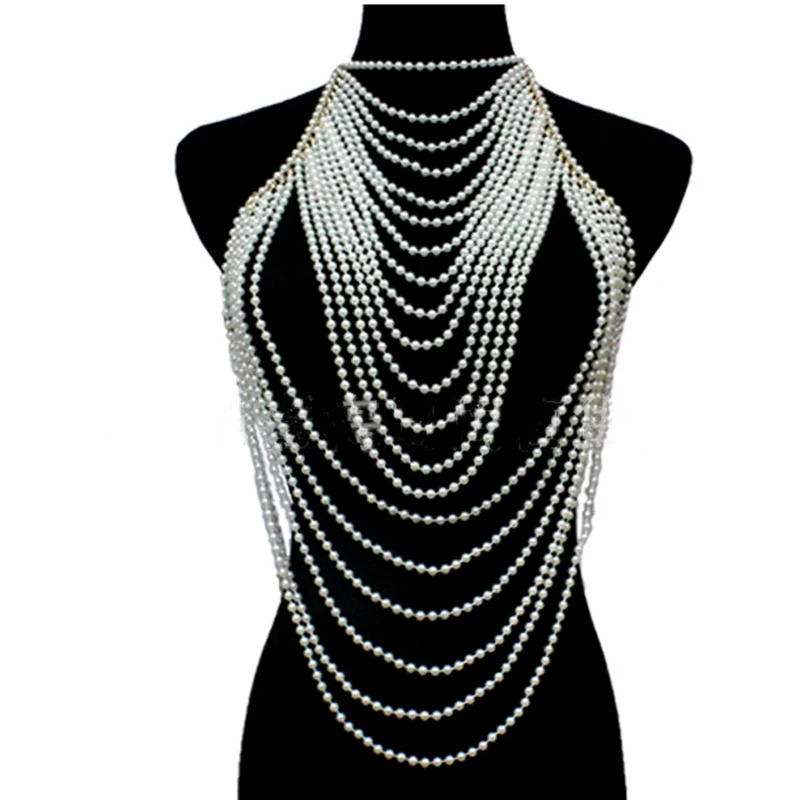 

Sexy pearl shoulder chain jewelry handmade beaded woman body chain black beads long necklace chain wholesale