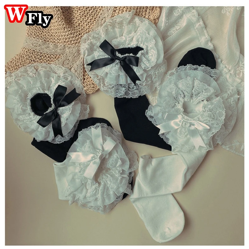 Harajuku Women Girls Sweet Lolita Black White Knee High Socks Bowknot Ruffled Frilly Lace Japanese Student Princess Stockings