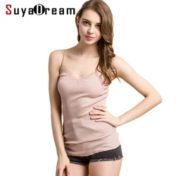 Camis di pizzo da donna SuyaDream 70% vera seta 30% cotone pizzo Camis ole Spandex maglia camicia di base morbida 2022 nuova maglia tinta unita