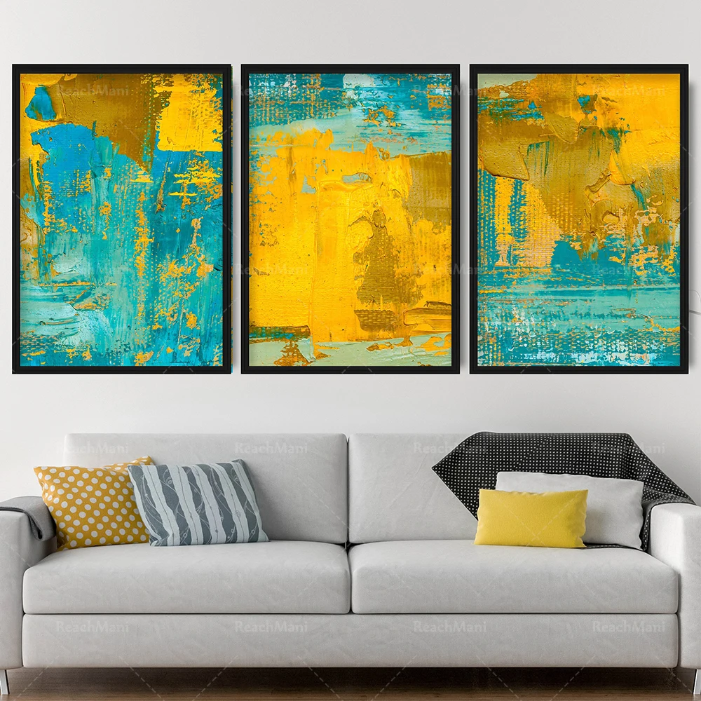 Prints - Abstract Blue & Yellow Art Prints from Original Textured Painting Wall Poster Decor Gift