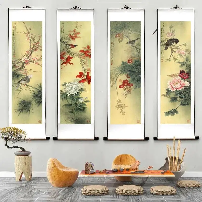 

Chinese Style Birds Flower Poster, Wall Art, Canvas Painting, Scroll Hanging Painting, Living Room, Home, Office Decor, 4Pcs