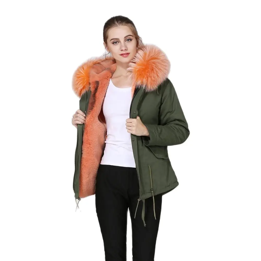 MEIFNG Attractive Army Green Faux Fur Parka Beautiful Orange Lining Overcoat Women Winter High Quality