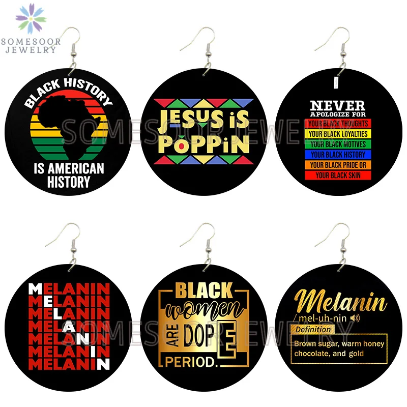 

SOMESOOR Jesusis Poppin Melanin Wooden Drop Earrings Black America History Sayings Printed Dope Loops Dangle Jewelry For Women