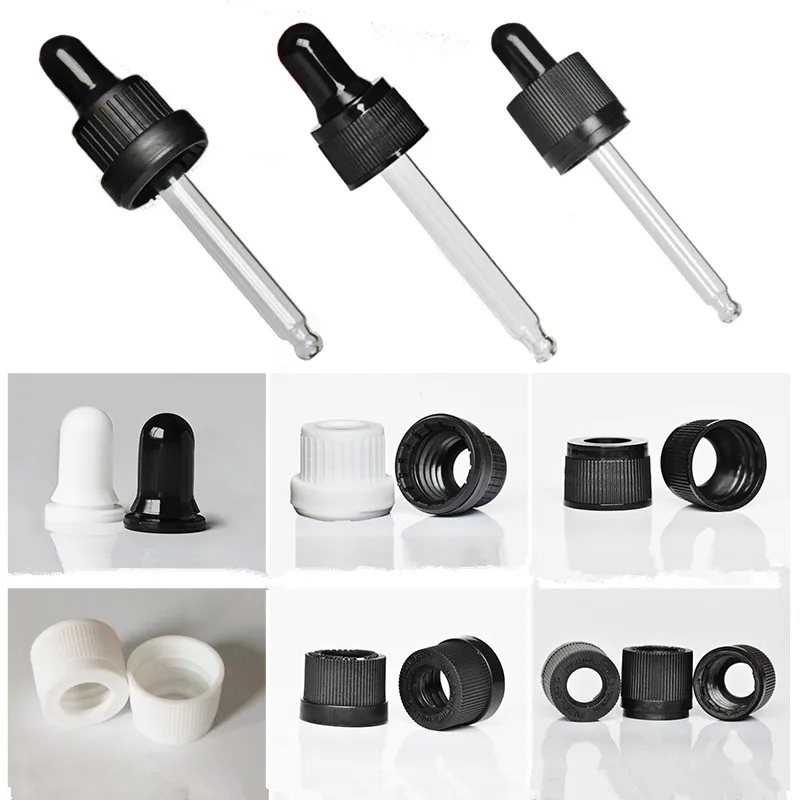 50pcs Plastic Black/White Screw Press Dropper Cover Cap With Glass Pipette For 5/10/15/20/30/50/100ml Essential Oil Bottles