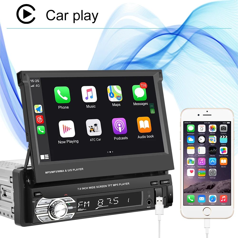 Podofo 7inch MP5 Player 1Din Retractable Car Radio Carplay Andriod Auto Multimedia Player Bluetooth D-play Mirror Link Car Audio