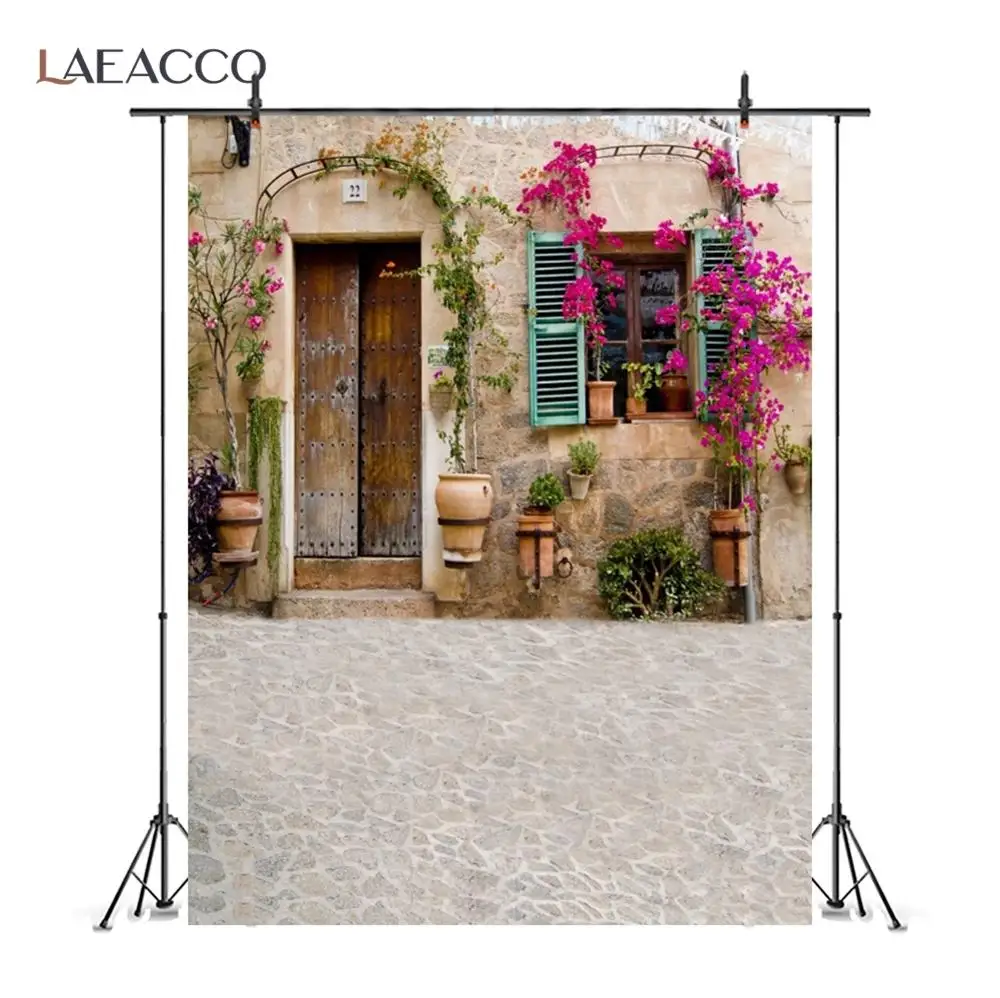 Laeacco Old Rural Village House Window Door Flower Country Yard Porch Wreath Scene Photo Background Photo Backdrop Photo Studio