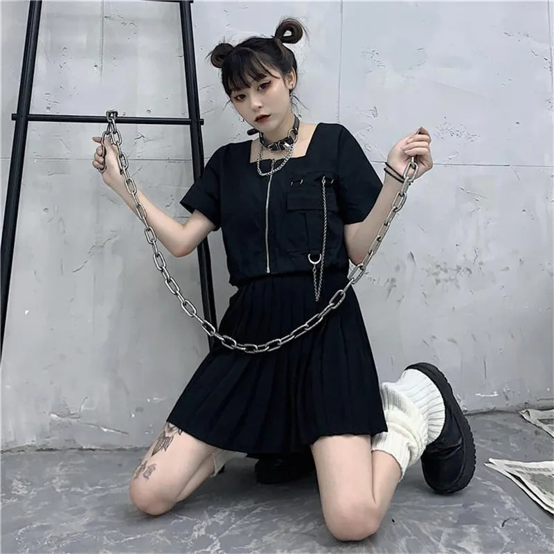 Chain Women Gothic Harajuku Streetwear Cargo Tops Punk Hip Hop Zipper O-Neck Solid Short Sleeve Vintage Female Pockets Shirt NEW