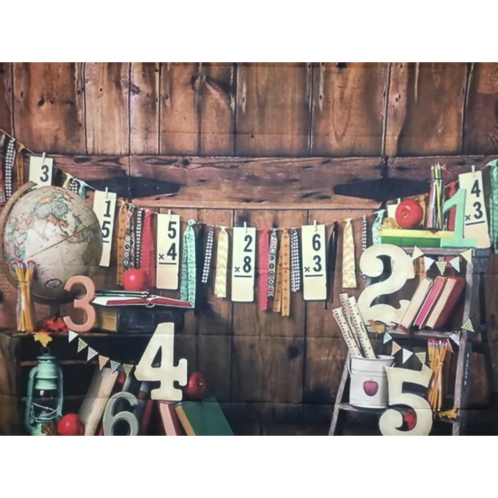 신학기 파티 사진 배경, 아이 초상화 배경, 우드 보드 벽 글로브 장식 소품, 어린이 포토스튜디오