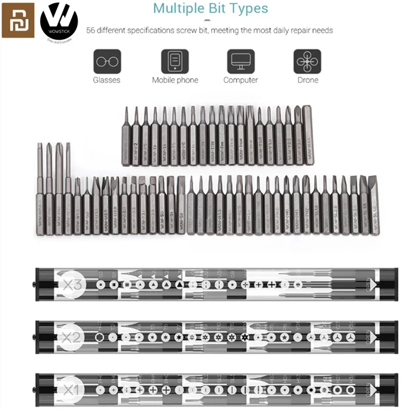 

Original Wowstick Electric Screwdriver X1/X2/X3 56pcs Multi-purpose 4mm S2 Steel Screwdriver Screw Bits Set for xiaomi Mi Mijia