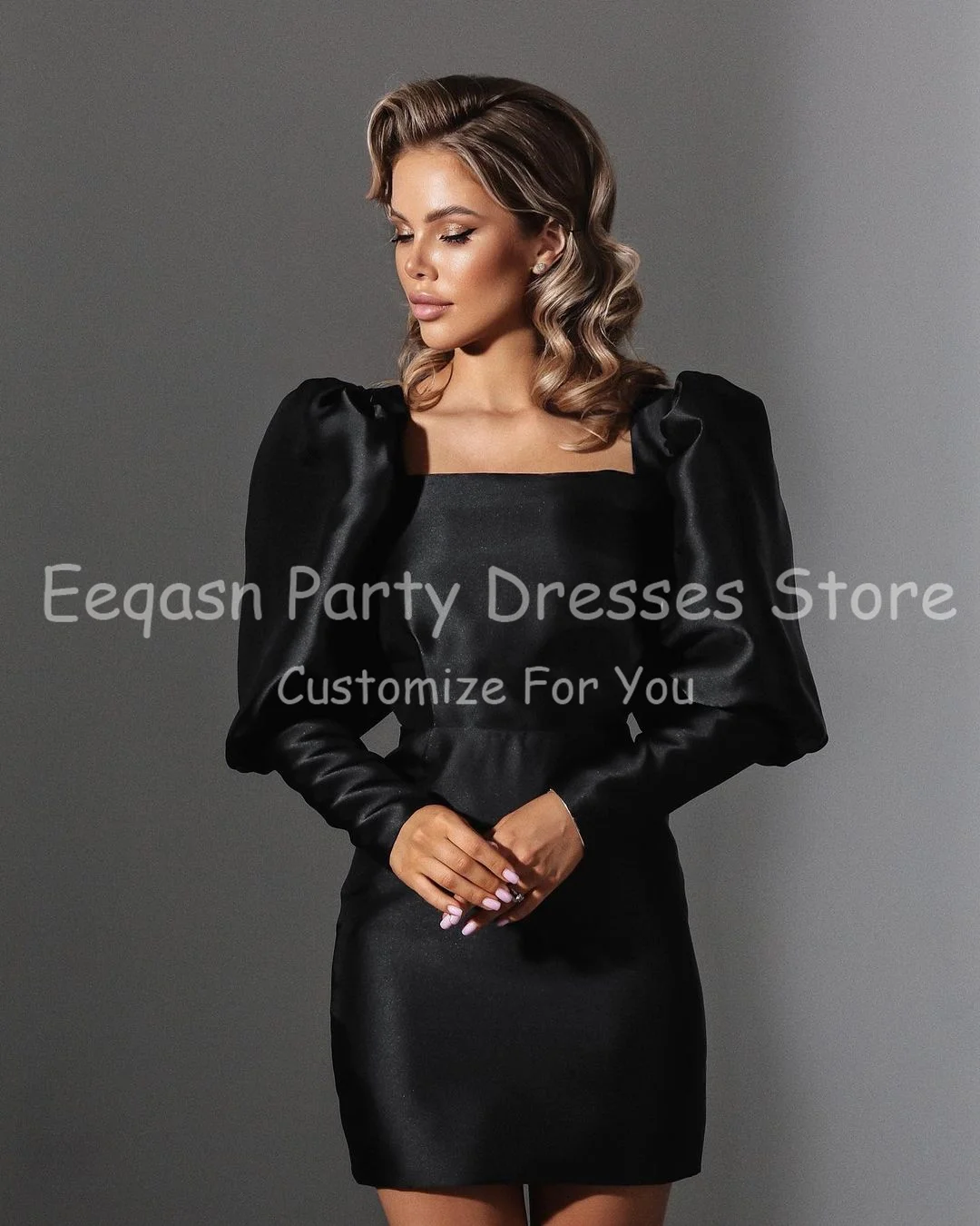 Eeqasn Silk Satin Schwarze Kurze Party Kleider Lange Ärmeln Platz Ausschnitt Über Dem Knie Mini Prom Kleid Formale Abendkleider Nach maß