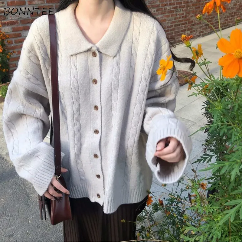 

Sweaters Women Student Retro Turn-down Collar Solid Lazy Knitted Loose BF Style Ladies Cardigan Autumn All-match Leisure Simple