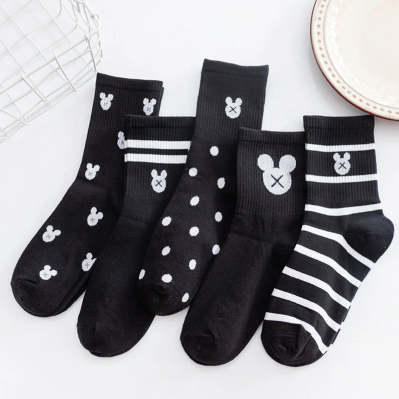 Korean Women Tube Sock Cute Disney Mickey Ear Pattern College Style Cotton All-Match Black White socks