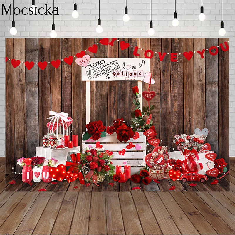 

Moscicka Valentine's Day Photography Backdrop Brown Planks Rose Flower Shop Love Heart Children Birthday Background Photo Studio