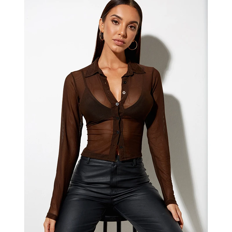 summer blusas 2022 chocolate y2k transparent mesh top perspective sexy mature shirt блузки женские новинки