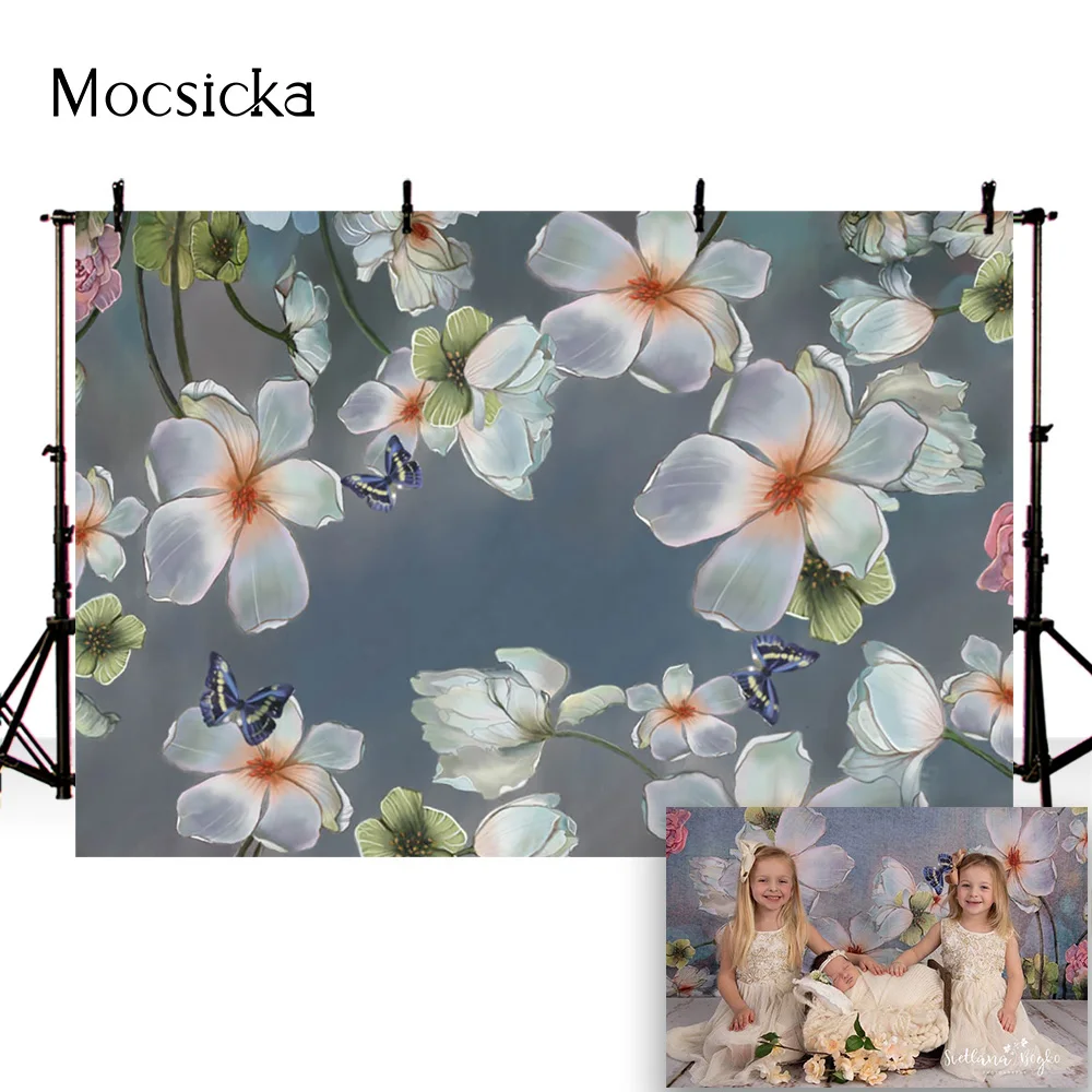 Oil painting floral photography backdrop white flowers photo booth background studio newborn kids portrait photographic studio