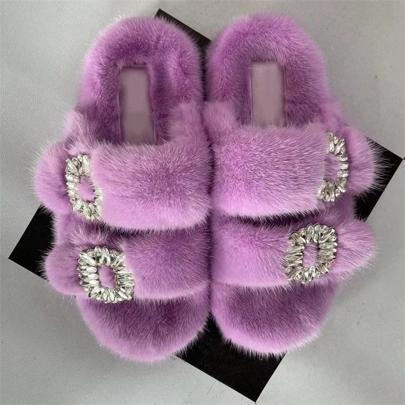 Winter Luxury Fur Rhinestone Slippers For Women Sexy Designer Wedge Heel Solid Fluffy Outdoor Shoes Wholesale Mink Fur Slippers