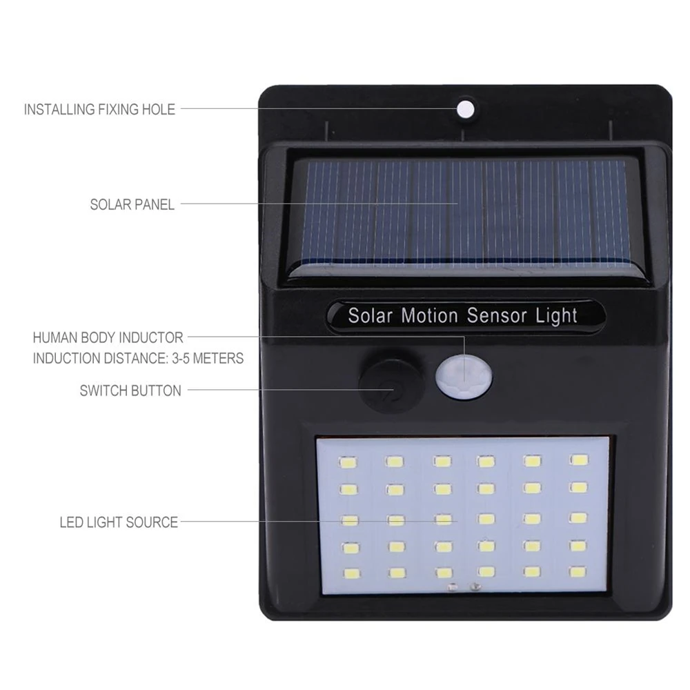 Applique murale solaire à 30 LED avec détecteur de mouvement PIR, imperméable conforme à la norme IP65, luminaire décoratif d'extérieur, idéal pour un jardin