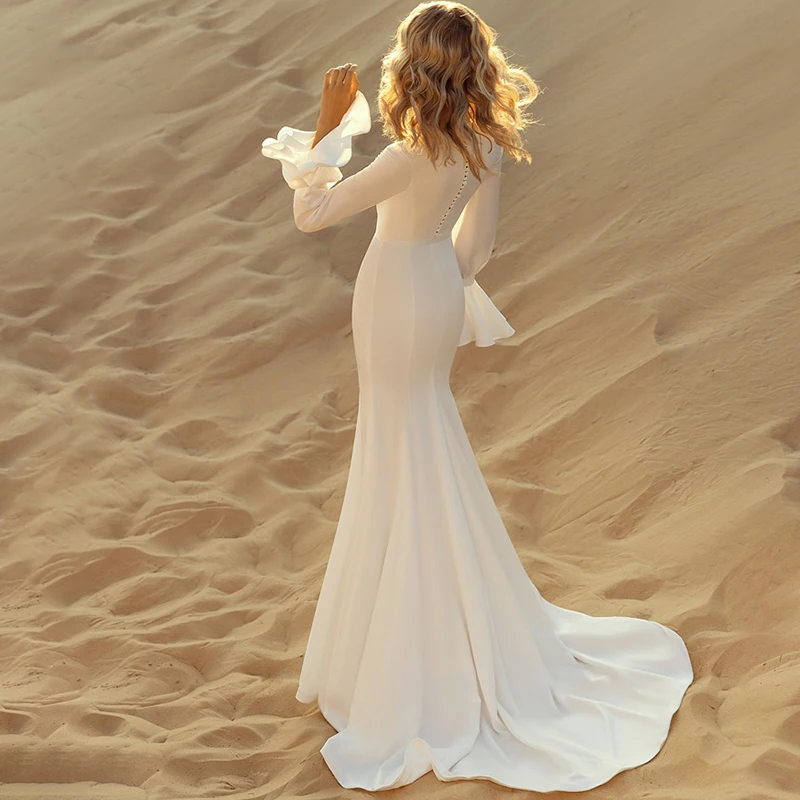 Mermaid Long Bell Sleeves V Neck Wedding Dress Customized Drop Fit and Flare Ship Simple Pleated Satin Bridal Gowns with Belt