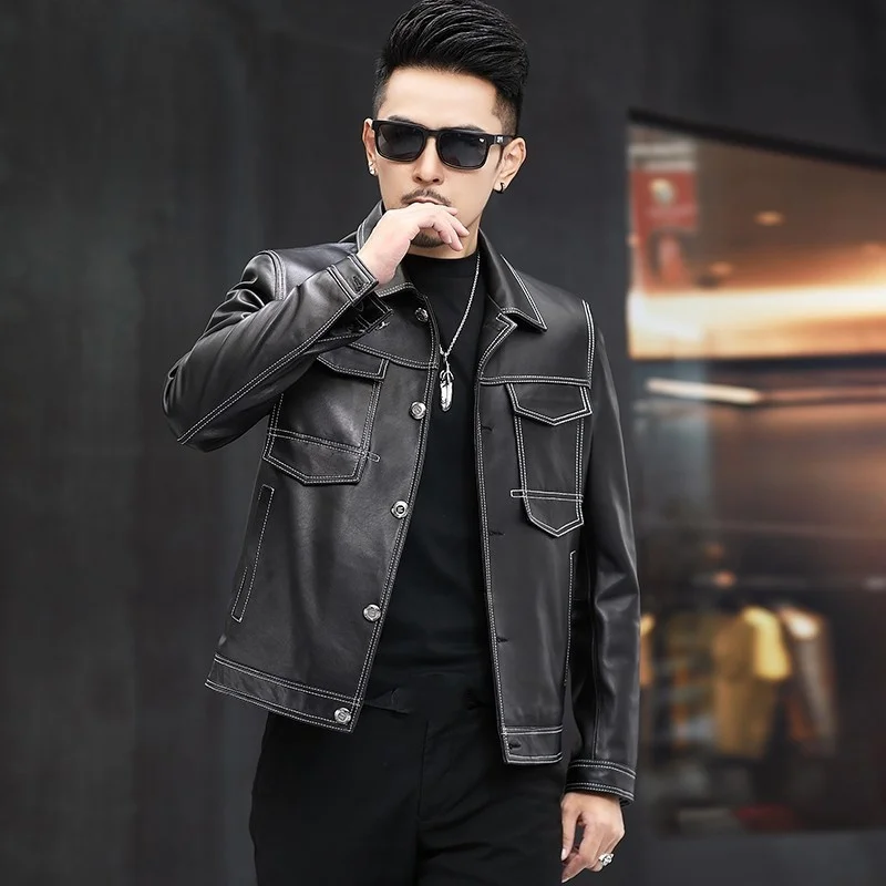 Men Business Casual Single Breasted Slim Fit Sheepskin Genuine Leather Jacket Pockets Windbreaker Motorcycle Biker Leather Coat