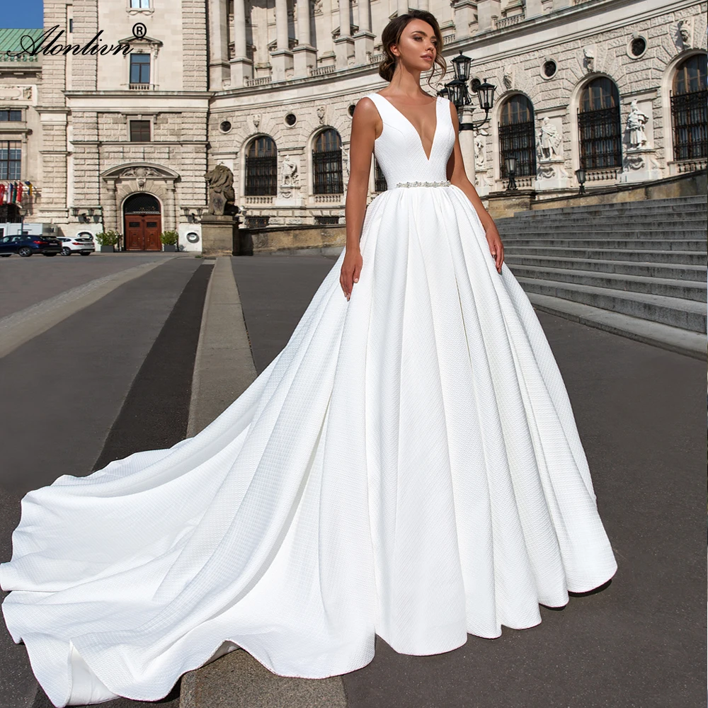 

Alonlivn Exquisite Satin V-Neck A-line Wedding Dresses With Court Train Beading Pearls Backless Bridal Skirts