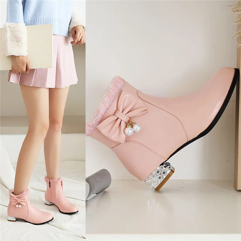 YQBTDL Girl's Young Lady Chunky Heels Pink White Ankle Boots Party Lolita Shoes Lace Ruffles Butterfly-knot Crystal Heel Booties