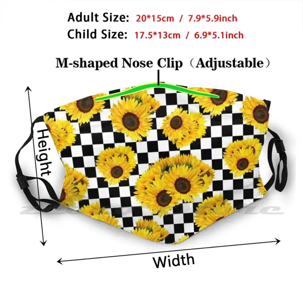 Masque à imprimé Floral de tournesol jaune, motif imprimé à carreaux noir et blanc, motif personnalisé, filtre lavable, Pm2.5, pour enfants et adultes