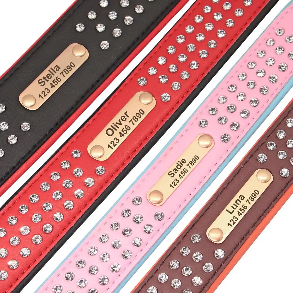 Personalized Crystal Leather Dog Collar Custom Rhinestone Dog Collars With Buckle Free Engraved ID Collar For Medium Large Dogs