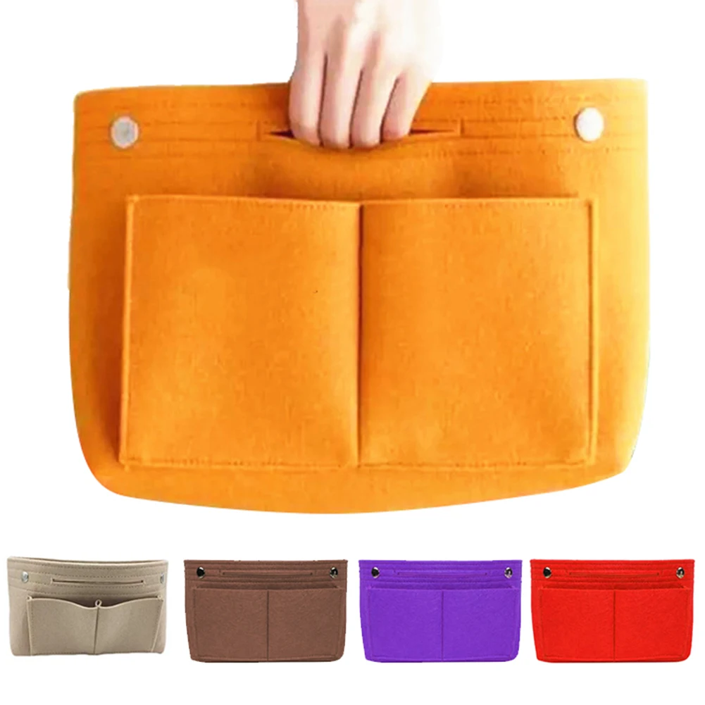 Lazyer Women Portable Solid Color Felt Multi Pockets Cosmetic Handbag Storage Organizer girls make up Bags