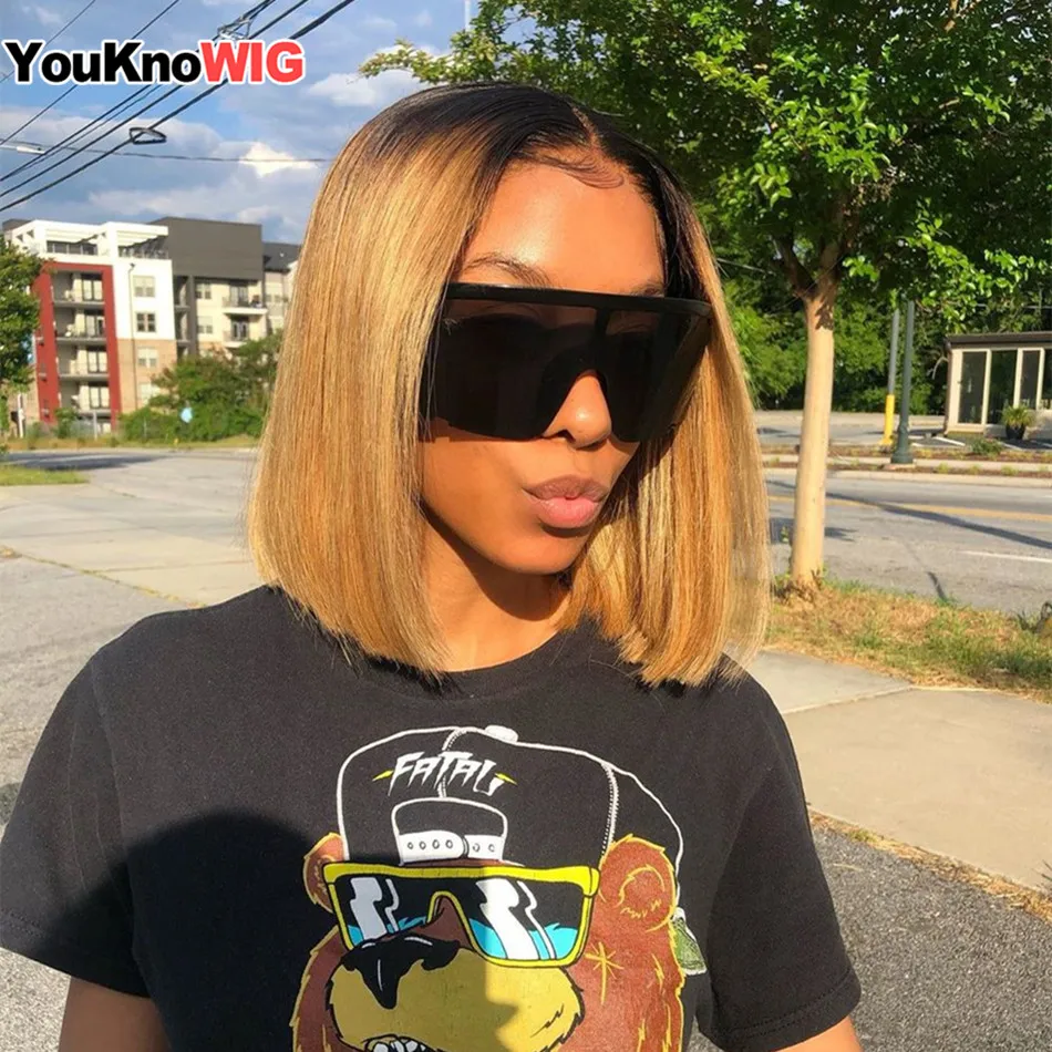 12inch Ombre Brown Short Bob T Lace Front Wig 1B 99J Straight Burgundy Human Hair Wig Brazilian Remy Pre Plucked Green Color