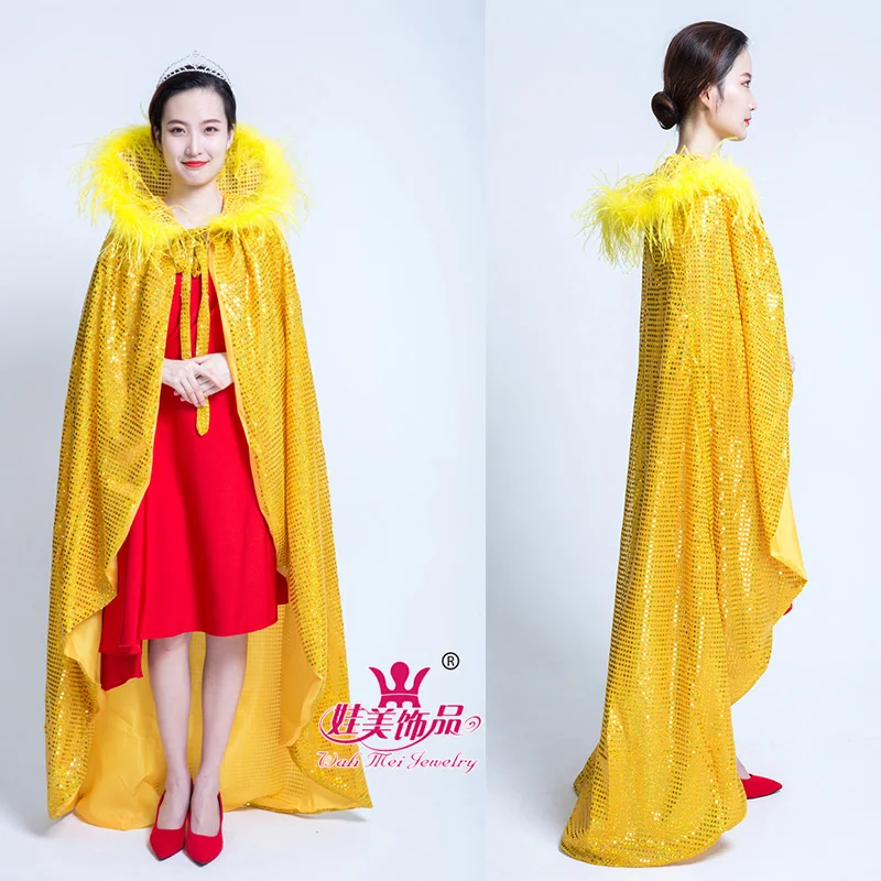 

Golden yellow adult Halloween long cloak costume to participate in the beauty pageant prom or any performance sequin laser + woo