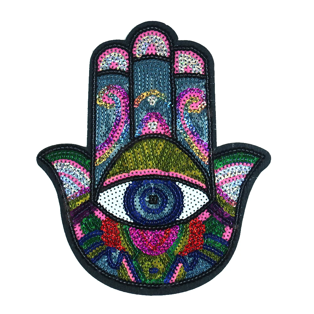 Ręka Niebieskie Oczy Cekiny Naszywki Na Ubrania Hamse Palm Fatima Witchcraft Haft Aplikacja Tkanina Odznaka DIY Odzież Dekoracja