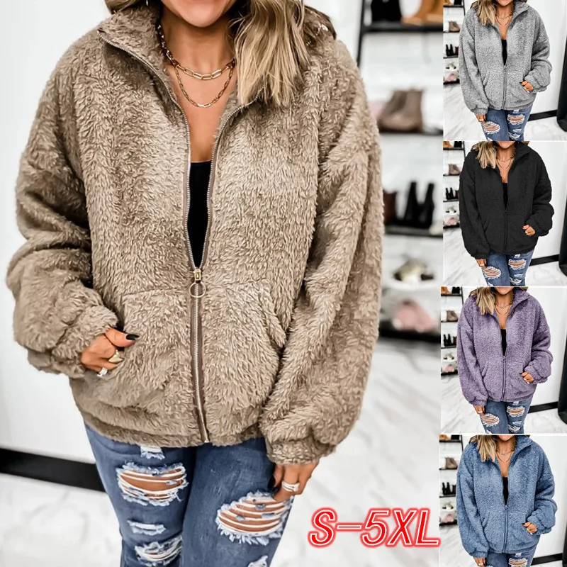 5Xl New Women's Coat Jacket Autumn and Winter Woolen Fleece Zipper Cardigan Double-Sided Fleece Jacket Women's Warm Ladies Coat