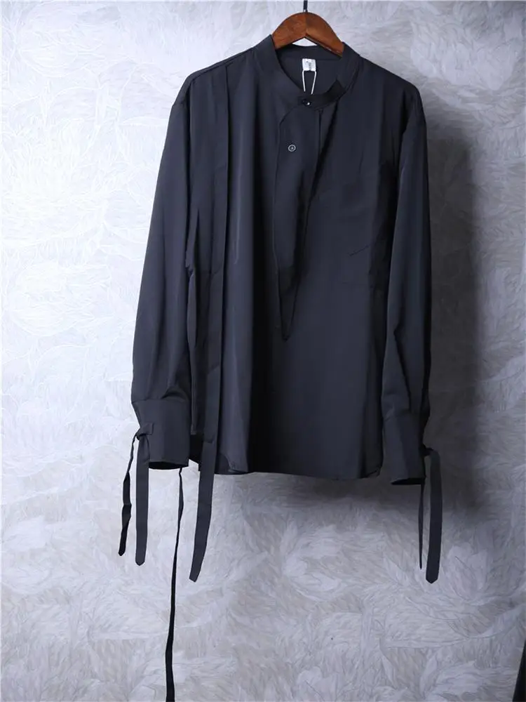 

Men's Long Sleeve Shirt Spring And Autumn New Dark Neutral Collar Personality Ribbon Design Loose Fashion Versatile Shirt