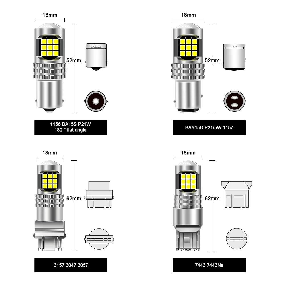 2Pcs P21W Led 1156 T20 W21/5W 7443 P21/5W 3157 1200LM W21W Car Bulb 7440 BA15S BAY15D PY21W Auto DRL Light 1157 White 12V Lamp
