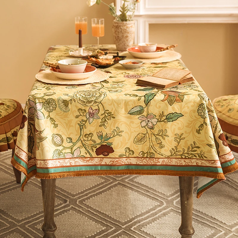 Dining Tablecloth American Retro Table Cover Wedding Decor Tassel Rectangular Home Fabric Tablecloth Printed Flower Table Cover