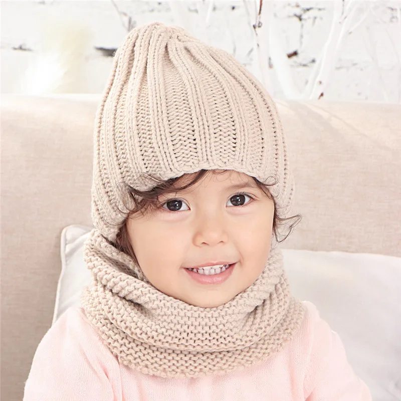 Multicolor hat and scarf for children solid acrylic kids hat with a scarf knit girls boy hats scarves set winter accessories