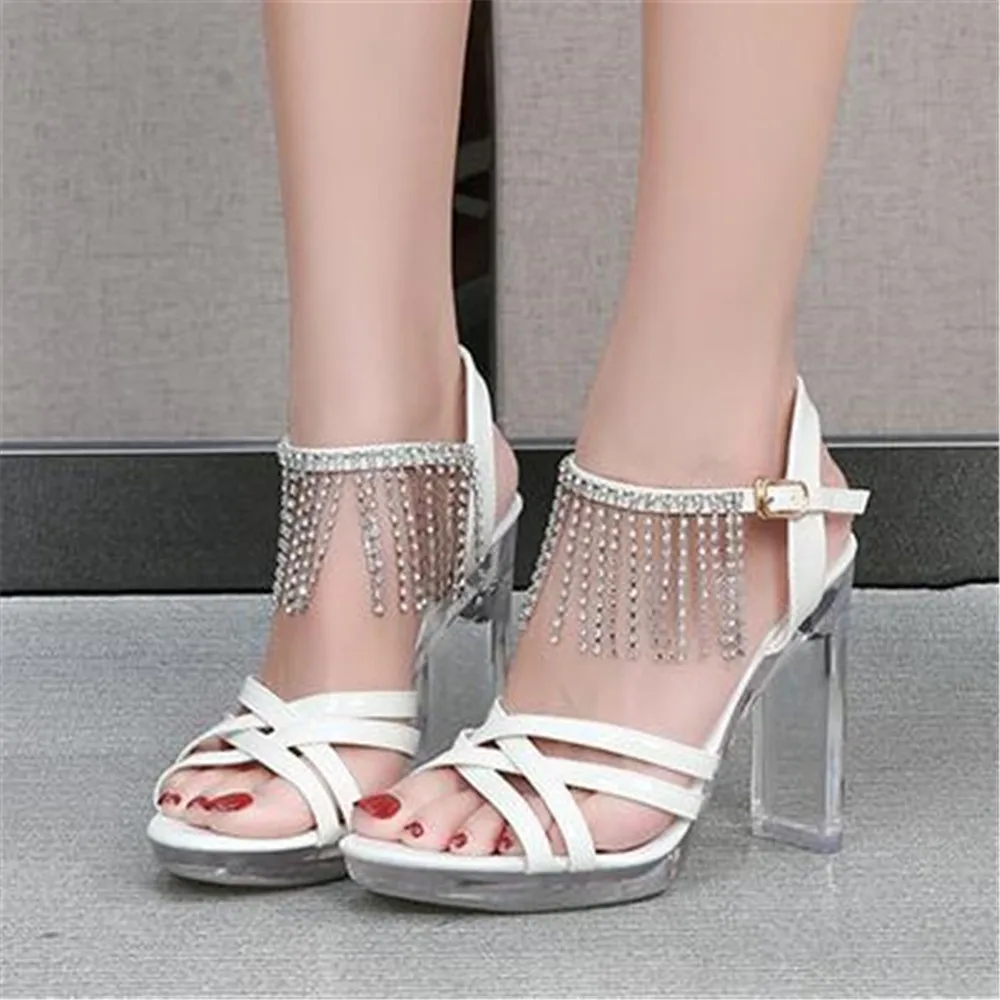 2024 New Women's Summer Rhinestone Tassel Shoes Catwalk Artifact Model Fine Sexy Black Platform 11 CM Transparent Heels Sandals