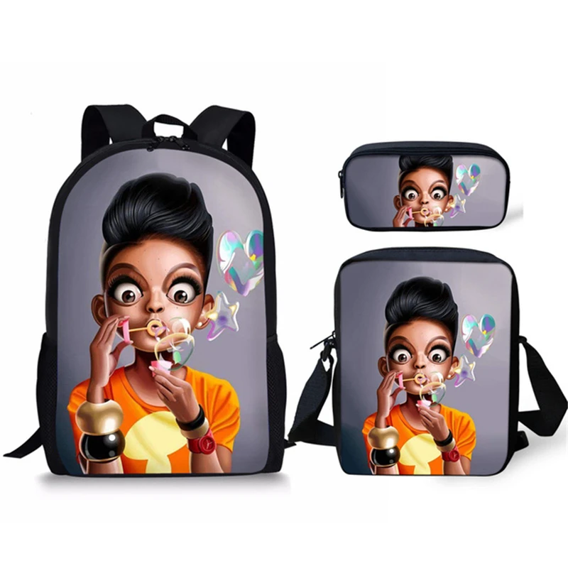 Ensemble de sacs d'école 3D pour étudiants, sac à dos imprimé Afro mignon pour filles, sac orthopédique pour enfants, sac à crayons pour adolescents, nouvelle collection