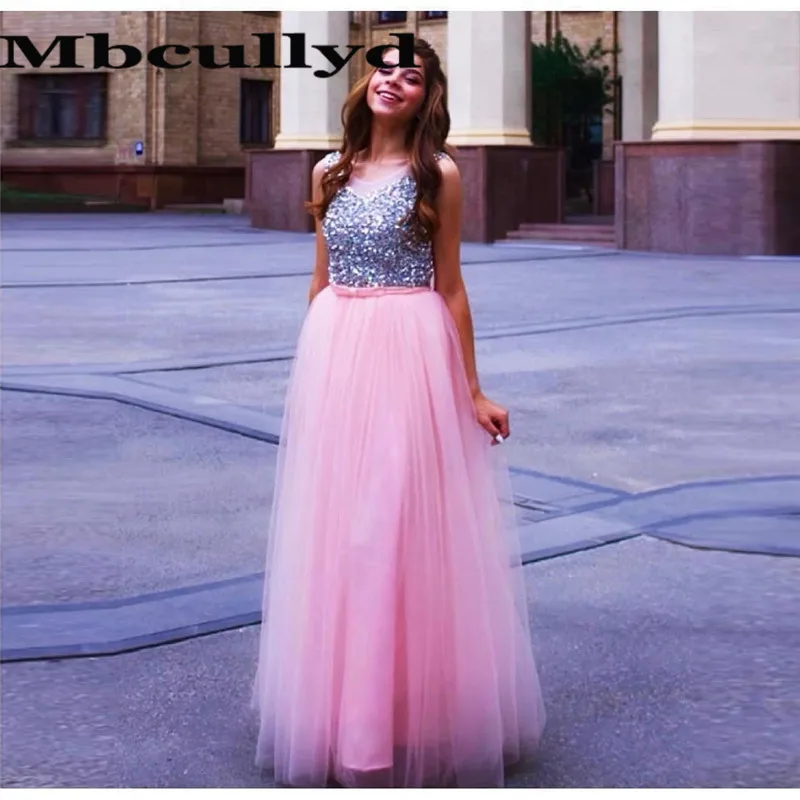 Mbcullyd Pink Tulle Prom Dresses Long 2023 Stunning Beading Formal Evening Dress For Women Sheer Scoop Neck Robe De Soiree