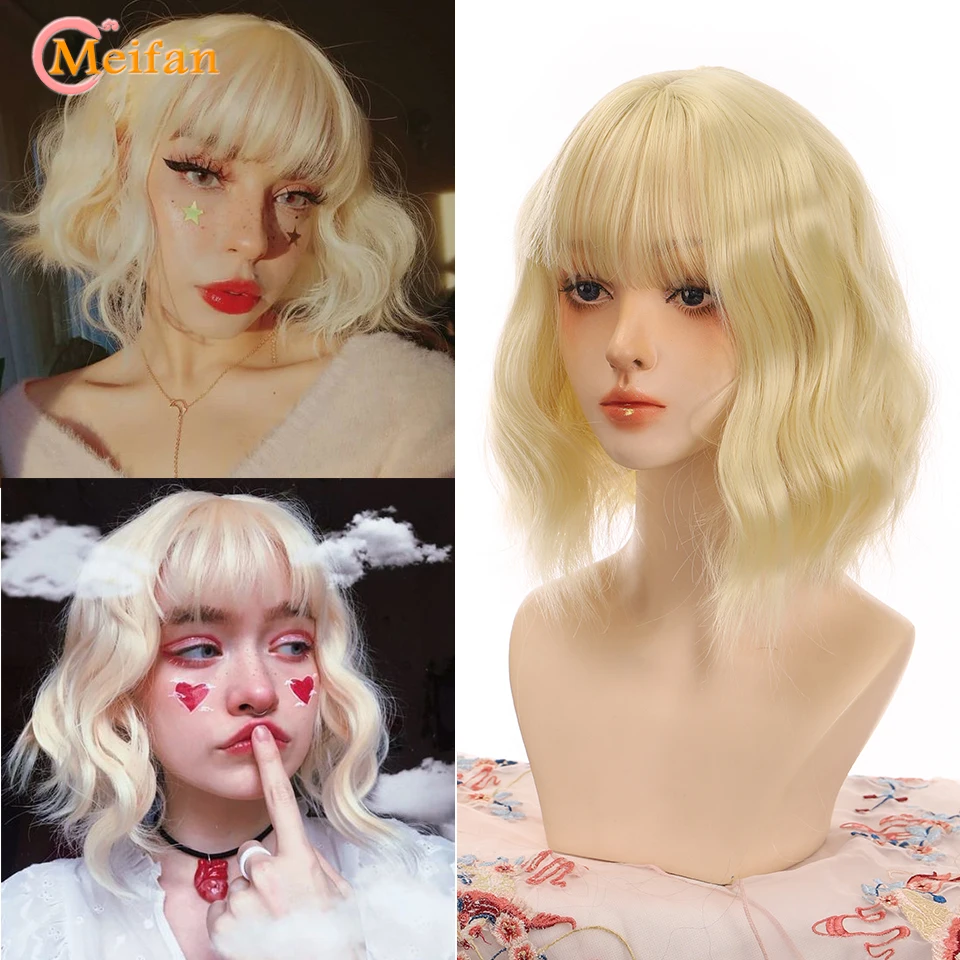 MEIFAN Short Omber Blonde Pink Wavy Bob Wig with Air Bangs Women\'s Synthetic Curly Bob Wig for Girl Colorful Cosplay Wigs