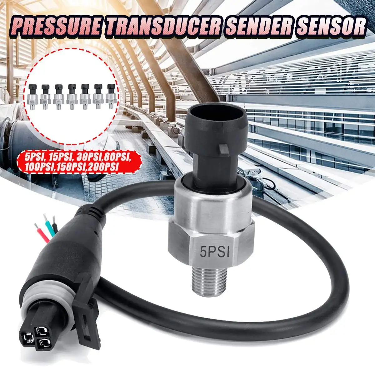 

DC 5V 1/8NPT Pressure Transducer Transmitter Sensor Stainless Steel Oil Air Water 30/100/150/200/300/500 Psi Fuel Transmitter