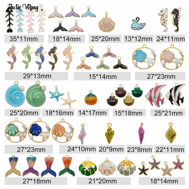 Julie Wang 20pcs Cute Alloy Enamel Animal Mermaid Charms Mixed Fish Conch Seashell Pendant Necklace Bracelet DIY Accessory